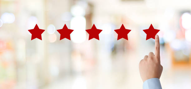 Man hand pointing red five star over blur background, customer excellent rating satisfacation, customer feedback, business concept banner