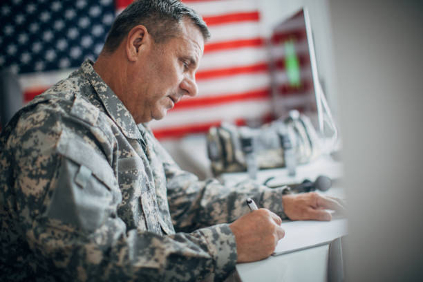 istock An American soldier is in the office 1159553442