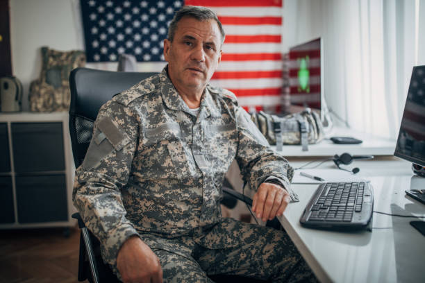 An American soldier is in the office