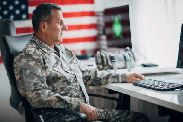 istock An American soldier is in the office 1159553859