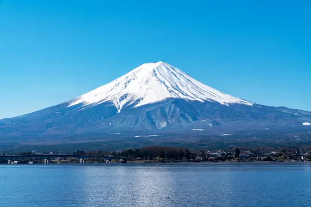 Close up top of beautiful fuji mountain with snow cover on the top and blue cleared sky in morning, kawaguchiko lake, yamanashi, japan in asia. Famous landmark of japan. Best attraction travel.