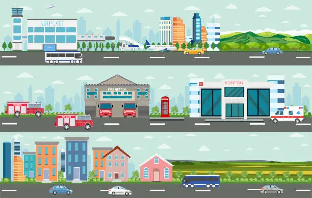 Vector illustration of Vector of urban big cityscape and rural area with modern buildings