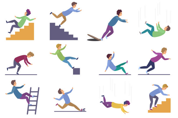 Set of injuring people falling down the stairs and over the edge, ladder, drop from the altitude, wet floor falling, stumbling on the sewer hall, tripping on stairs isolated on white background. Set of injuring people falling down the stairs and over the edge, ladder, drop from the altitude, wet floor falling, stumbling on the sewer hall, tripping on stairs isolated on white background unbalance stock illustrations