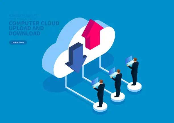 Vector illustration of Business people upload and download files from the cloud