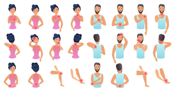 illustrazioni stock, clip art, cartoni animati e icone di tendenza di set infografico dolore parti del corpo. uomo e donna sentono dolore in diverse parti dell'illustrazione vettoriale piatta del corpo. vari punti dolorosi fissati. - shirtless male men people