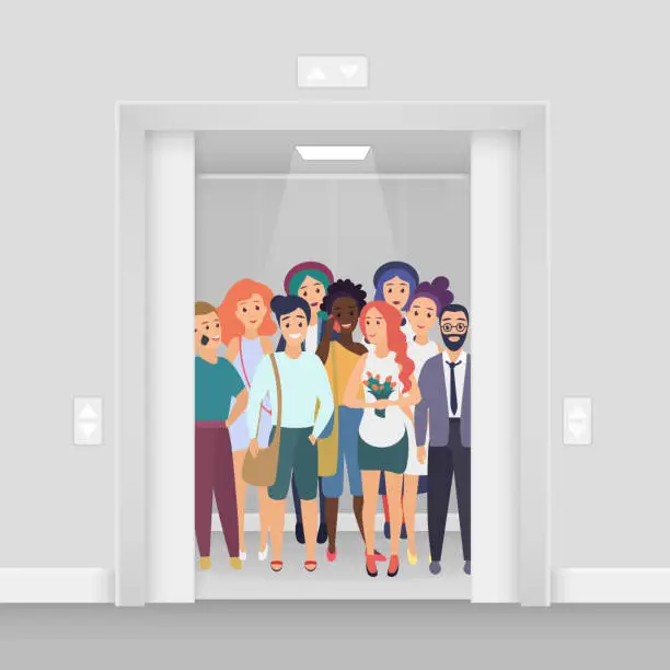 Vector illustration of Group of young smiling people with phones, bags, flowers in the bright lighted modern crowded elevator with open doors vector illustration.