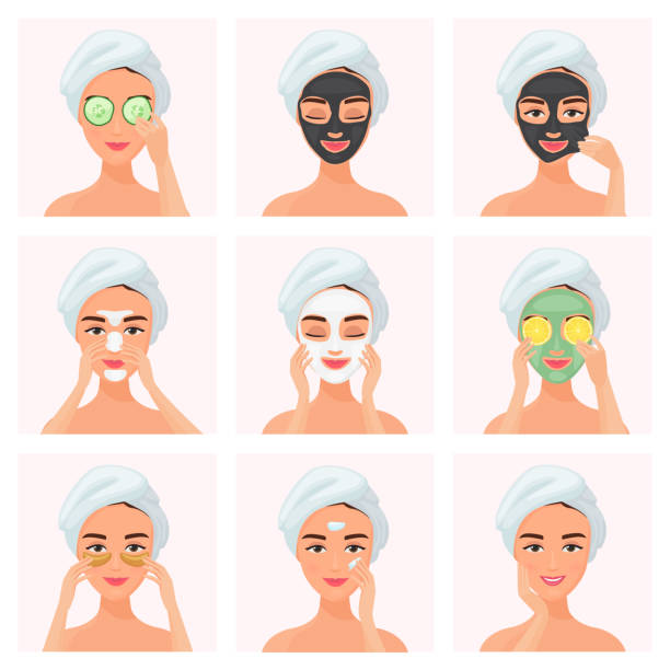 Set of young attractive well-groomed women using cucumber soaked eye mask, clay mask, under eye patches, normal, dry or problem skin caring mask, day and night cream isolated on white background. Set of young attractive well-groomed women using cucumber soaked eye mask, clay mask, under eye patches, normal, dry or problem skin caring mask, day and night cream isolated on white background facial mask woman stock illustrations