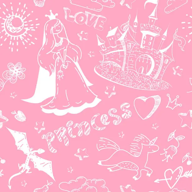 Vector illustration of Summer childish seamless pattern with doodle castle and princess