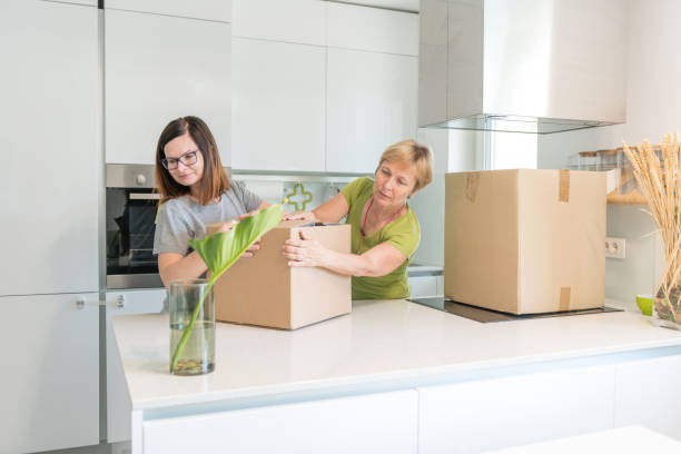 istock Two women using tape packaging gun for closing boxes whilst moving home 1159560621