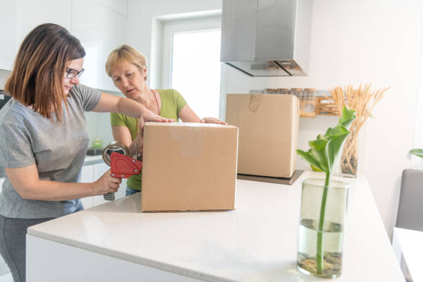 istock Two women using tape packaging gun for closing boxes whilst moving home 1159561921