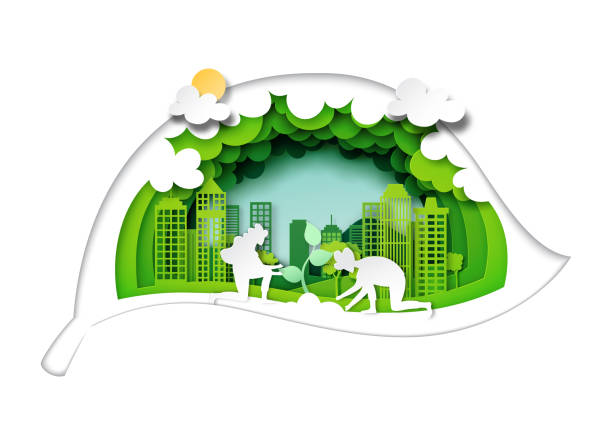 istock Planting tree in eco city with green leaf background layers paper art style. 1159562076