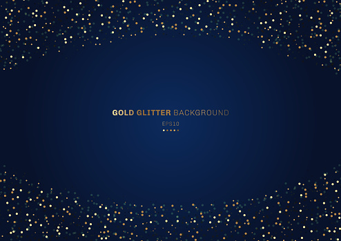 Gold glitter circles festive on dark blue background with space for your text. Vector illustration