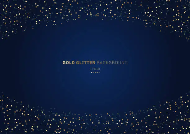 Vector illustration of Gold glitter circles festive on dark blue background with space for your text.