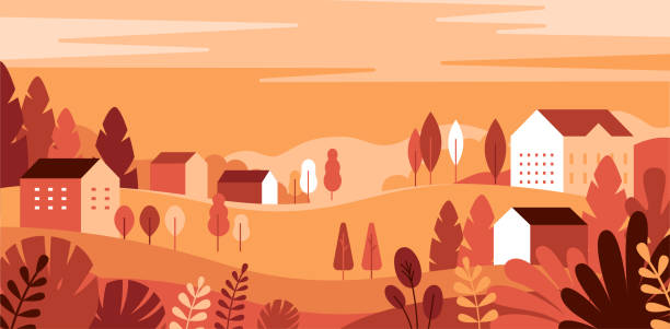 illustrazioni stock, clip art, cartoni animati e icone di tendenza di illustrazione vettoriale in semplice stile geometrico piatto - paesaggio della città autunnale - city symbol usa autumn