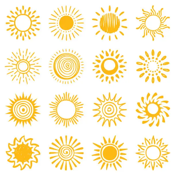 Vector illustration of Set of hand drawn sun icons