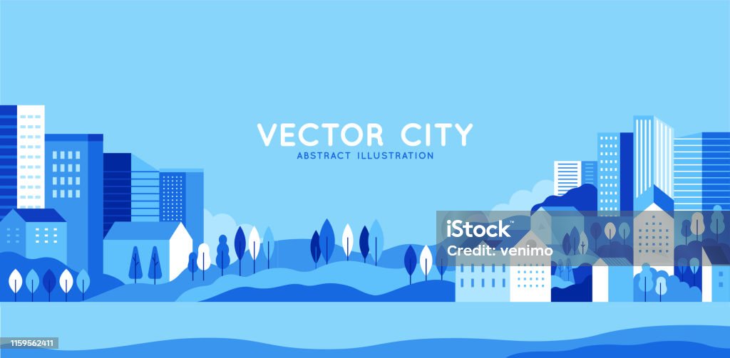 Illustrazione vettoriale in semplice stile geometrico piatto - paesaggio urbano con edifici, colline e alberi - banner orizzontale astratto - arte vettoriale royalty-free di Città