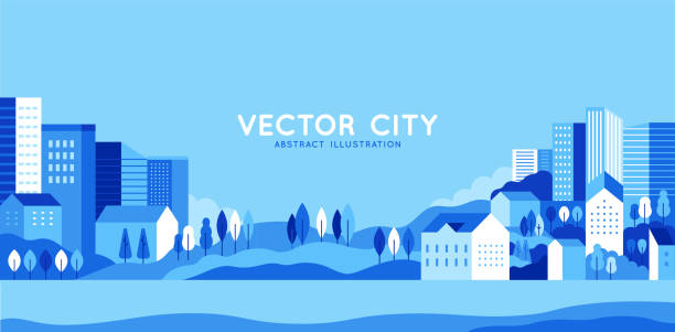 ilustracja wektorowa w prostym minimalistycznym geometrycznym stylu płaskim - krajobraz miejski z budynkami, wzgórzami i drzewami - abstrakcyjny poziomy baner - niebieski ilustracje stock illustrations