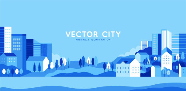 Vector illustration in simple minimal geometric flat style - city landscape with buildings, hills and trees - abstract horizontal banner Vector illustration in simple minimal geometric flat style - city landscape with buildings, hills and trees - abstract horizontal banner and background with copy space for text - header images for websites, covers residential district illustrations stock illustrations