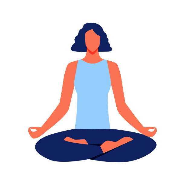 Woman in Blue Top Sits in Lotus Position. Vector. Woman in Blue Top Sitting in Lotus Position. Sports Training for Women. Vector Illustration. Healthy Lifestyle. Yoga Class for Women. Relaxation and Meditation. Smart Body. Woman Meditates. meditation room stock illustrations