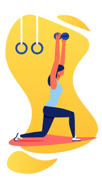 Vector illustration of Woman in Sport Clothes Lifts Up Dumbbells in Gym.