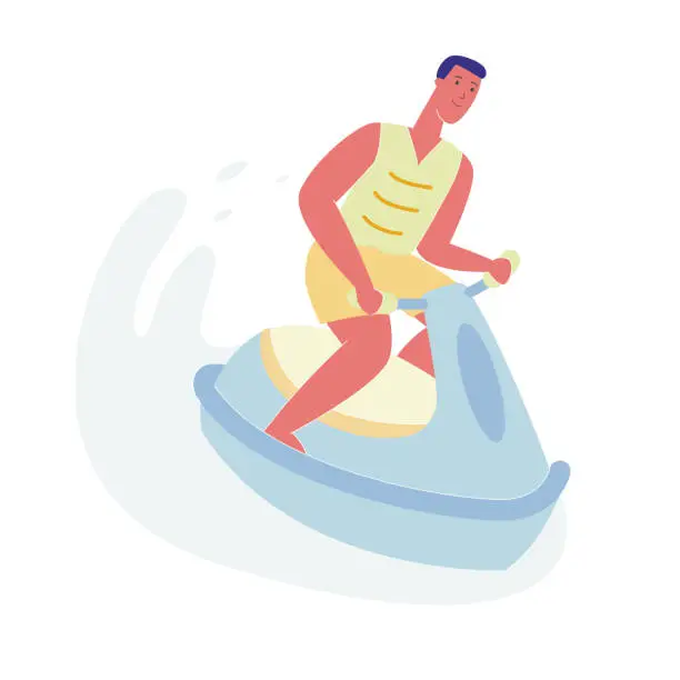 Vector illustration of Man on Jet Ski, Character Riding Water Scooter.