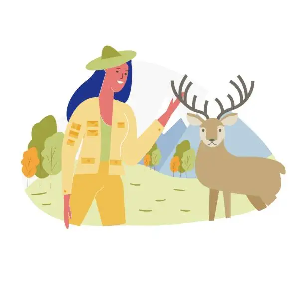 Vector illustration of Woman Spend Time in Zoo, Communicating with Deer