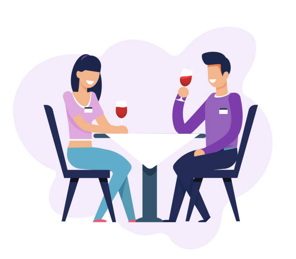 Man and Woman on Dating Sitting at Table Isolated Smiling Cartoon Man and Woman on Dating Sitting at Table. Happy Guy and Lady Talking and Drinking Red Wine. First Date and Romantic Relationship Beginning. Vector Isolated on White Illustration day drinking stock illustrations