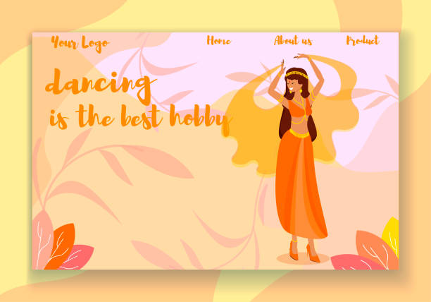 Woman in Beautiful Dress Dancing Oriental Dance Dancing is the Best Hobby Horizontal Banner. Young Woman in Beautiful Dress and Jewelry Dancing Indian or Oriental Dance. Entertainment, Music Show Performing, Class Cartoon Flat Vector Illustration belly dancing stock illustrations