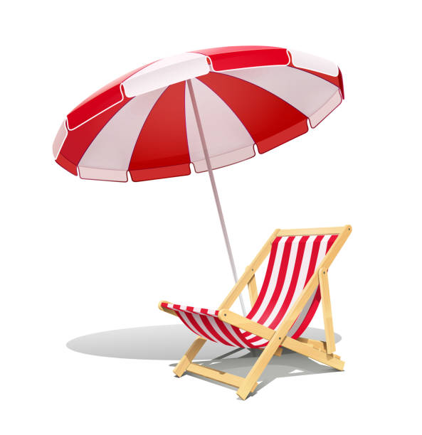 여름 휴식을 위한 비치 긴 의자와 선쉐이드. 벡터 그림입니다. - outdoor chair beach chair umbrella stock illustrations