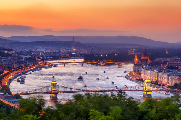 istock Budapest Panorama with parliament and bridges during evening twilight sunset. View from Citadel 1159568291
