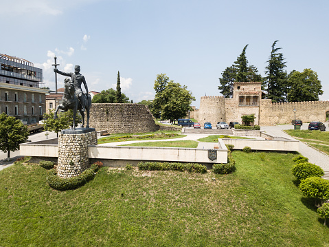 Telavi, Georgia - June 16, 2018: Aerial view to Monument of King Erekle II in Telavi. Famous Kakheti wine region, Georgia