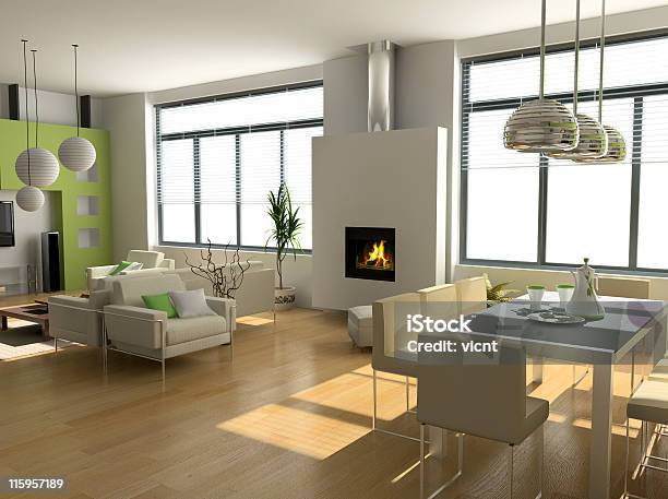 Moderno Interior Foto de stock y más banco de imágenes de Chimenea - Construcción para calentarse - Chimenea - Construcción para calentarse, Cuarto de estar, Imagen generada digitalmente