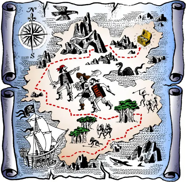 Vector illustration of detailed pirate treasure map