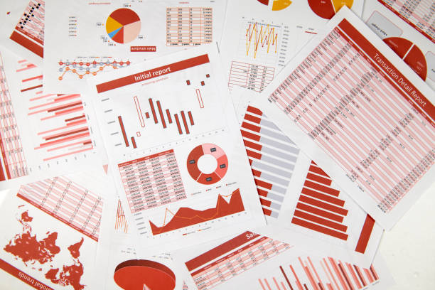 istock Flat top view of business workspace - reports with data, tables and analytic chart. Business financial accounting concept. 1159578507