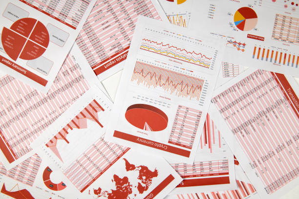 istock Flat top view of business workspace - reports with data, tables and analytic chart. Business financial accounting concept. 1159578585