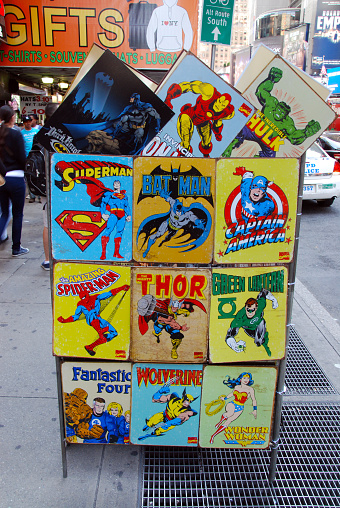 Manhattan, New York, 05/19/2012
display of vintage super hero posters on the sidewalk in Manhattan