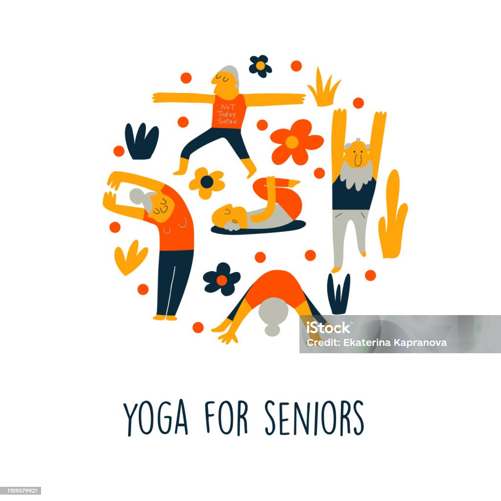 Funny Cartoon Illustration Of Senior People Doing Yoga Exercises Circle  Composition Vector Stock Illustration - Download Image Now - iStock