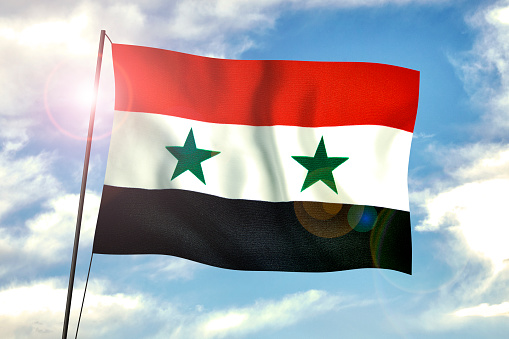 Syrian Flag Waving With Wind On Blue Sky