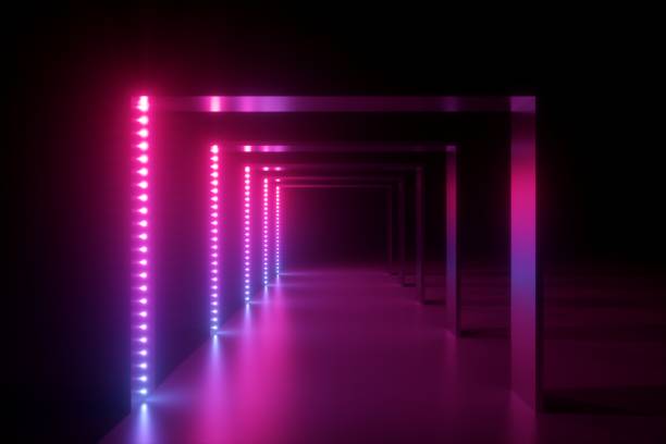 istock 3d render, abstract pink blue neon background, fashion podium in ultraviolet light, performance stage decoration, illuminated night club corridor with square arcade 1159581020