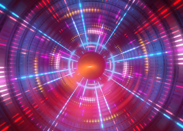 ネオンライト、ラウンドトンネルを持つ3d抽象的な幾何学的背景 - red led ストックフォトと画像