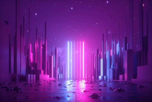 istock 3d abstract neon background, glowing ultraviolet vertical lines, cyber space, urban scene in virtual reality, empty street in fantastic city skyscrapers under the night sky, post apocalyptic concept 1159581045