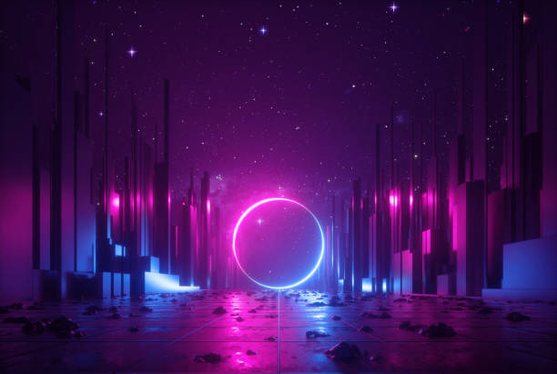 istock 3d abstract neon background, cyber space virtual reality urban scene, glowing round shape portal at the end of the street, fantastic city, minimal skyscrapers, post apocalyptic concept, night sky 1159581067