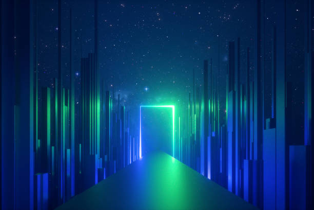 istock 3d abstract neon background, glowing rectangular portal, vertical lines in cyber space, urban scene in virtual reality, empty road in fantastic emerald city, skyscrapers under the night sky 1159581130