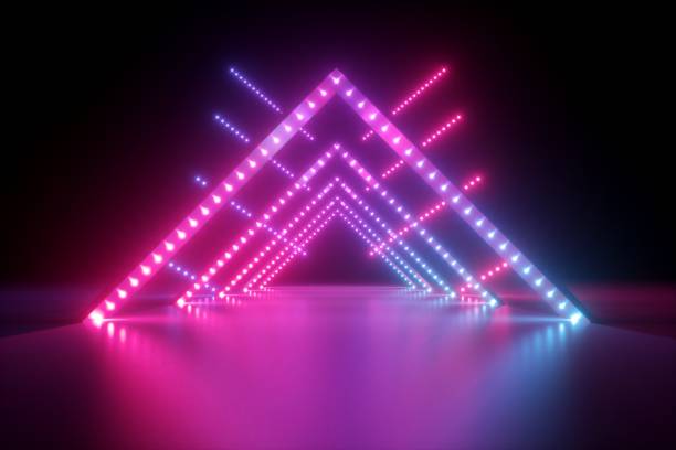 istock 3d render, abstract neon background, fashion podium in ultraviolet light, performance stage decoration, glowing triangle shapes, illuminated night club corridor with triangular arcade 1159581151