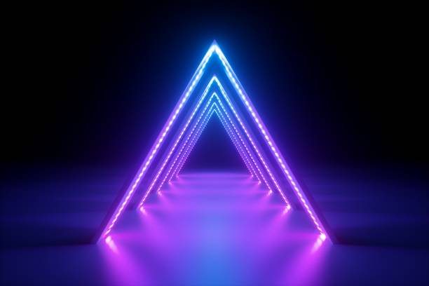 istock 3d render, abstract neon background, fashion podium in ultraviolet light, performance stage decoration, glowing triangle shapes, illuminated night club corridor with triangular arcade 1159581164