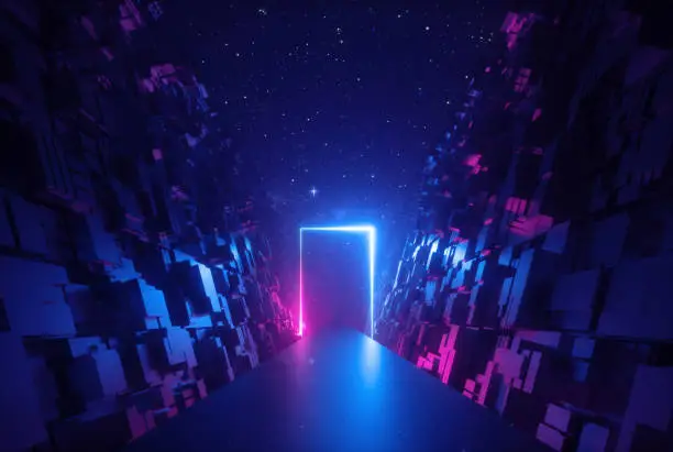 Photo of 3d abstract neon background, glowing rectangular frame in cyber space, fantastic scene in virtual reality, road between walls of blocks under the night sky