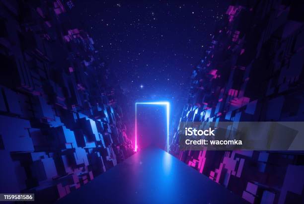 3d Soyut Neon Arka Plan Siber Uzayda Parlayan Dikdörtgen Çerçeve Sanal Gerçeklik Fantastik Sahne Gece Gökyüzü Altında Bloklar Duvarları Arasında Yol Stok Fotoğraflar & Fütüristik‘nin Daha Fazla Resimleri