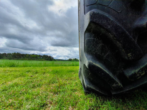 Tractor tire on green farmer field stock photo