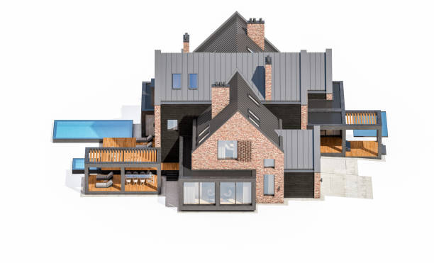 istock 3d rendering of modern clinker house on the ponds with pool isolated on white 1159583073