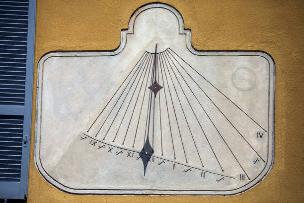 Color image of a vintage sundial on a wall.
